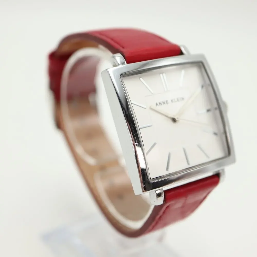 Anne Klein 34mm Square Silver Tone Womens Watch Red Leather Strap w New Battery